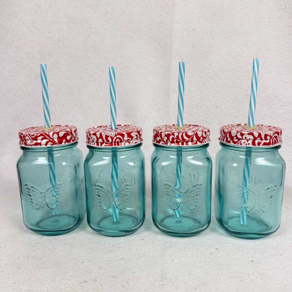 Set of 4 Mason Jar Glasses w/ Straw 16oz Butterfly Embossed Aqua Blue
